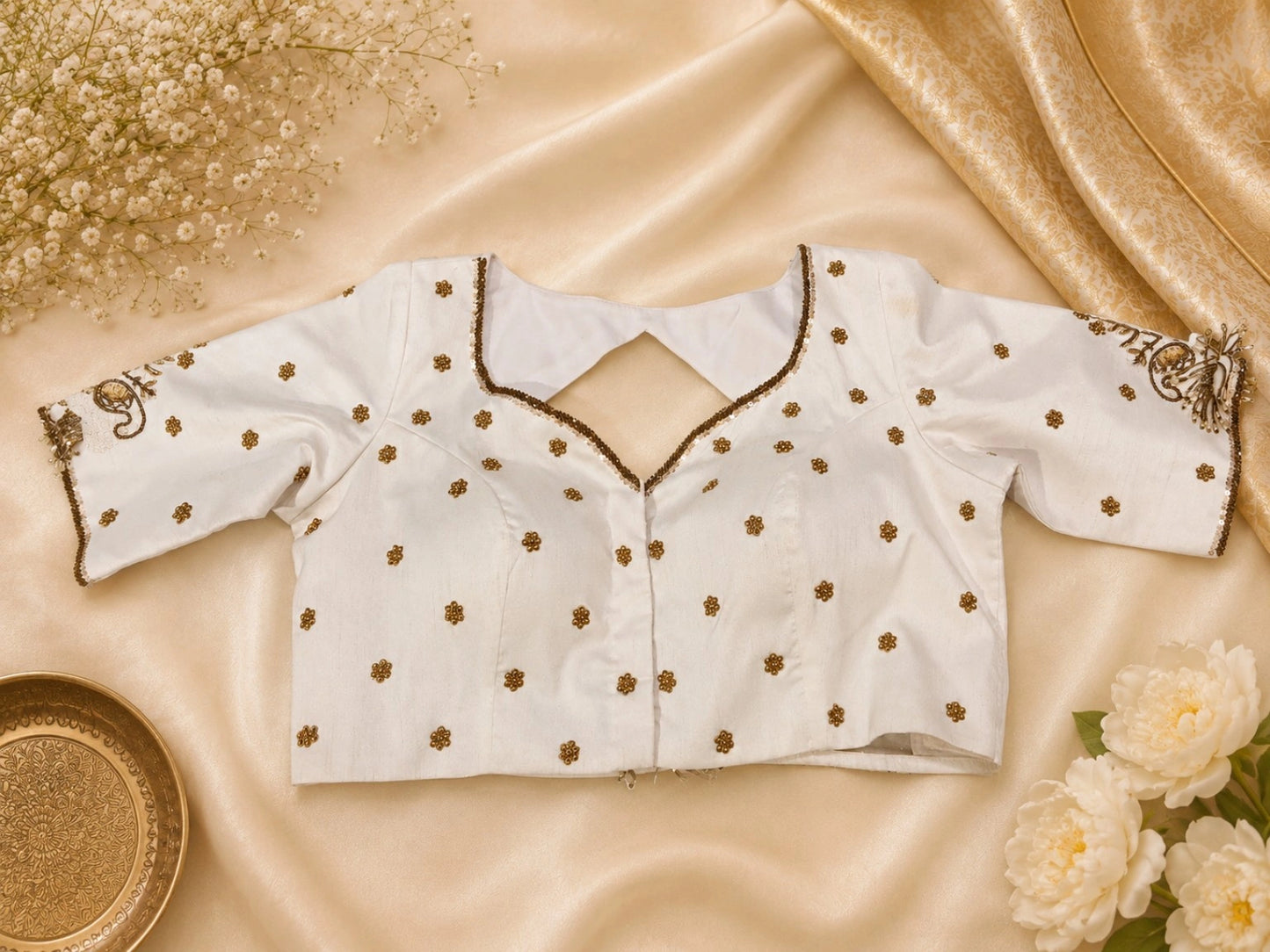 White Raw Silk Ari Work Designer Blouse with Gold Bead Embroidery & Keyhole Back