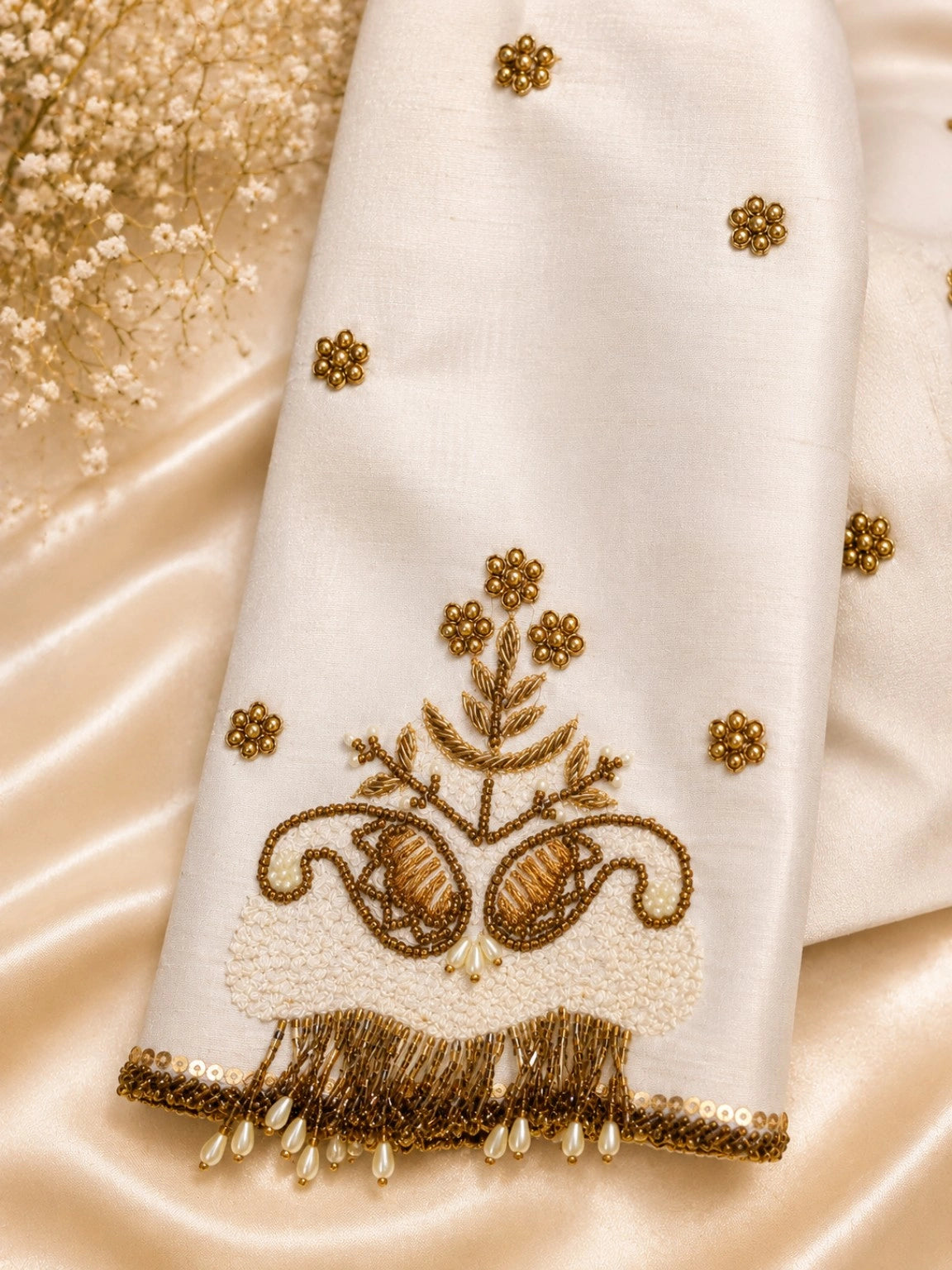 White Raw Silk Ari Work Designer Blouse with Gold Bead Embroidery & Keyhole Back