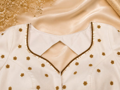 White Raw Silk Ari Work Designer Blouse with Gold Bead Embroidery & Keyhole Back