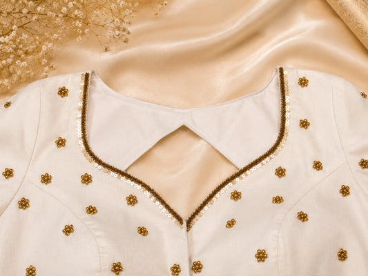 White Raw Silk Ari Work Designer Blouse with Gold Bead Embroidery & Keyhole Back