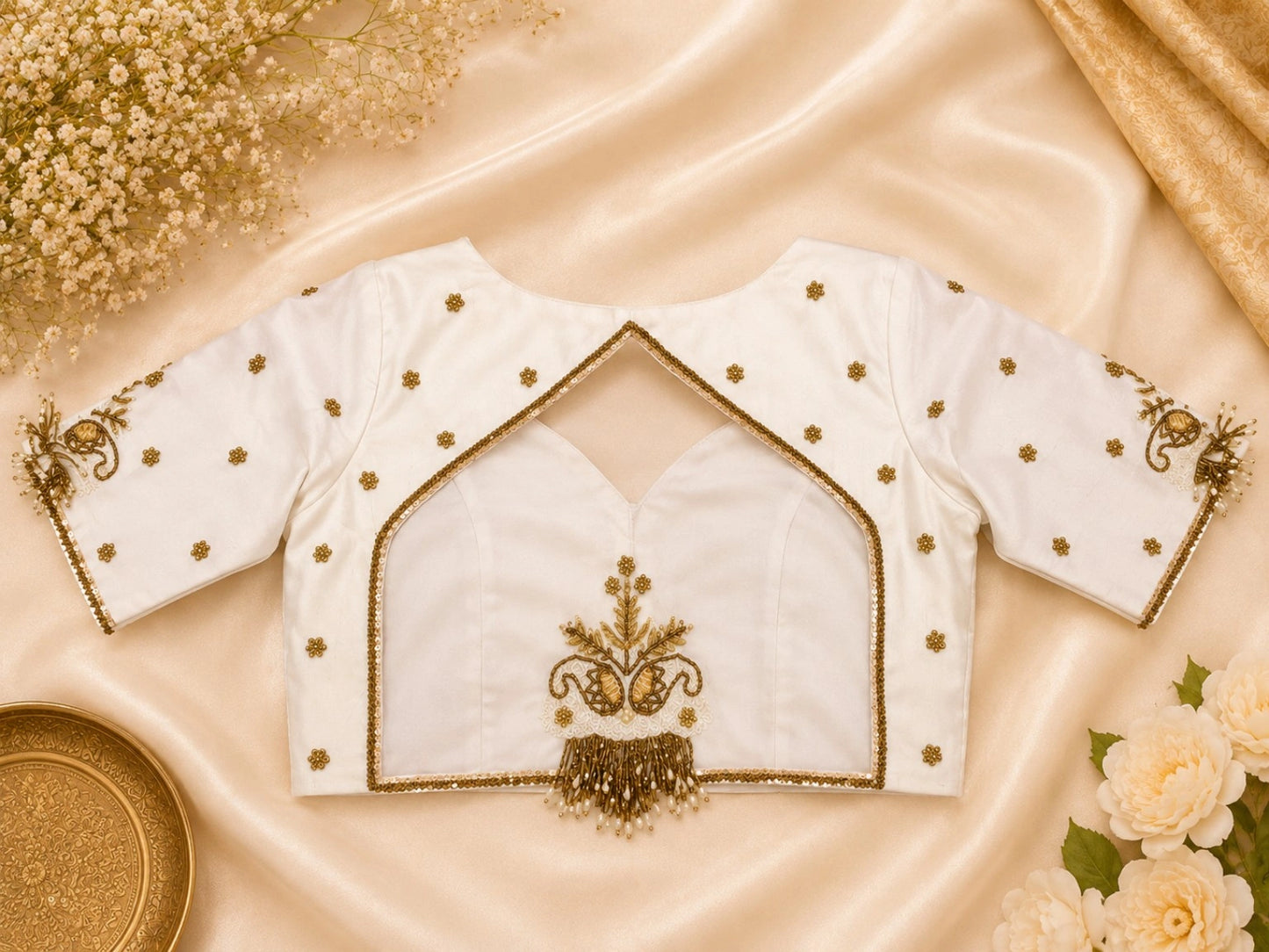 White Raw Silk Ari Work Designer Blouse with Gold Bead Embroidery & Keyhole Back
