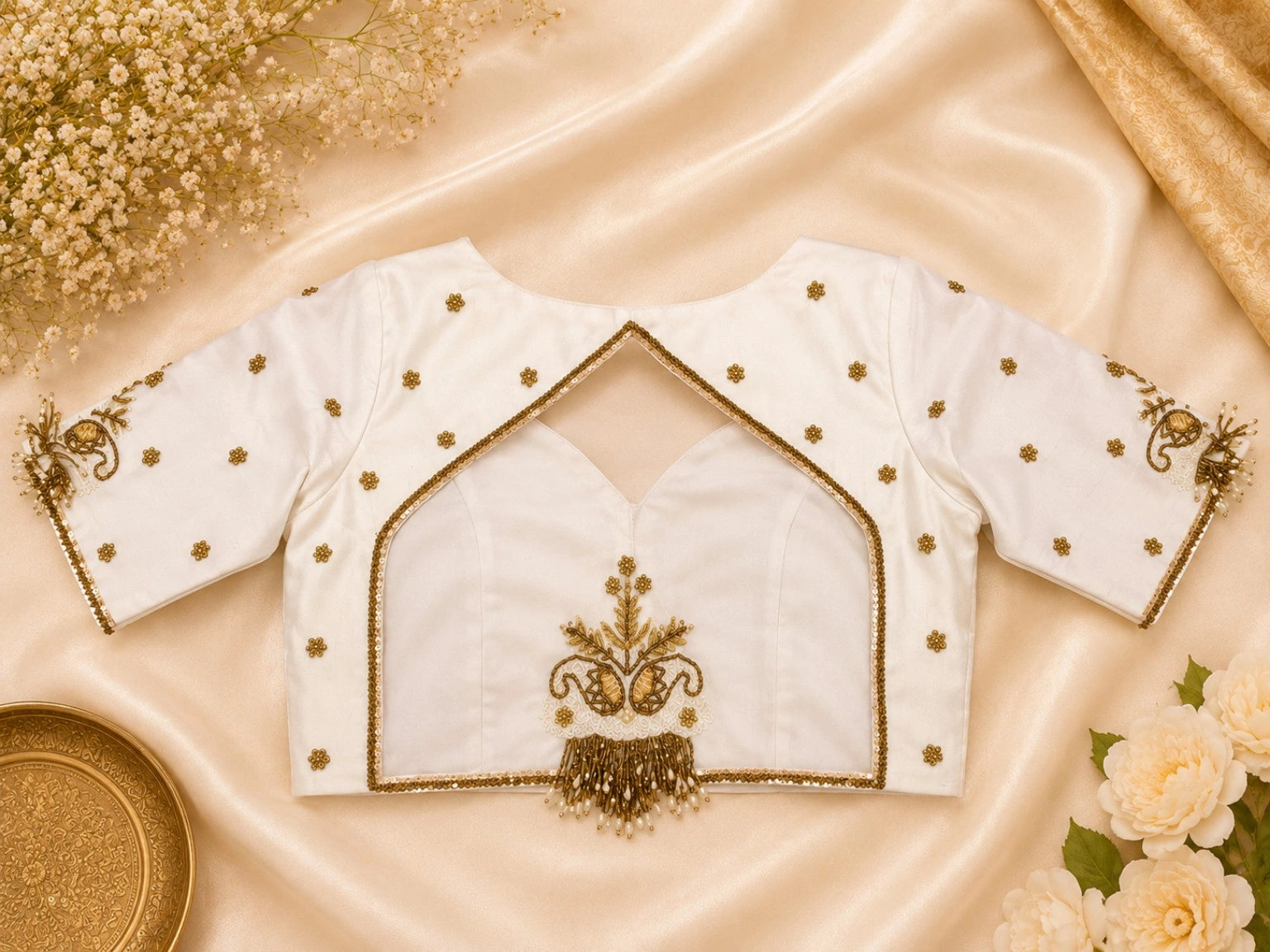 White Raw Silk Ari Work Designer Blouse with Gold Bead Embroidery & Keyhole Back
