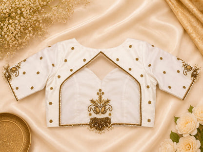 White Raw Silk Ari Work Designer Blouse with Gold Bead Embroidery & Keyhole Back