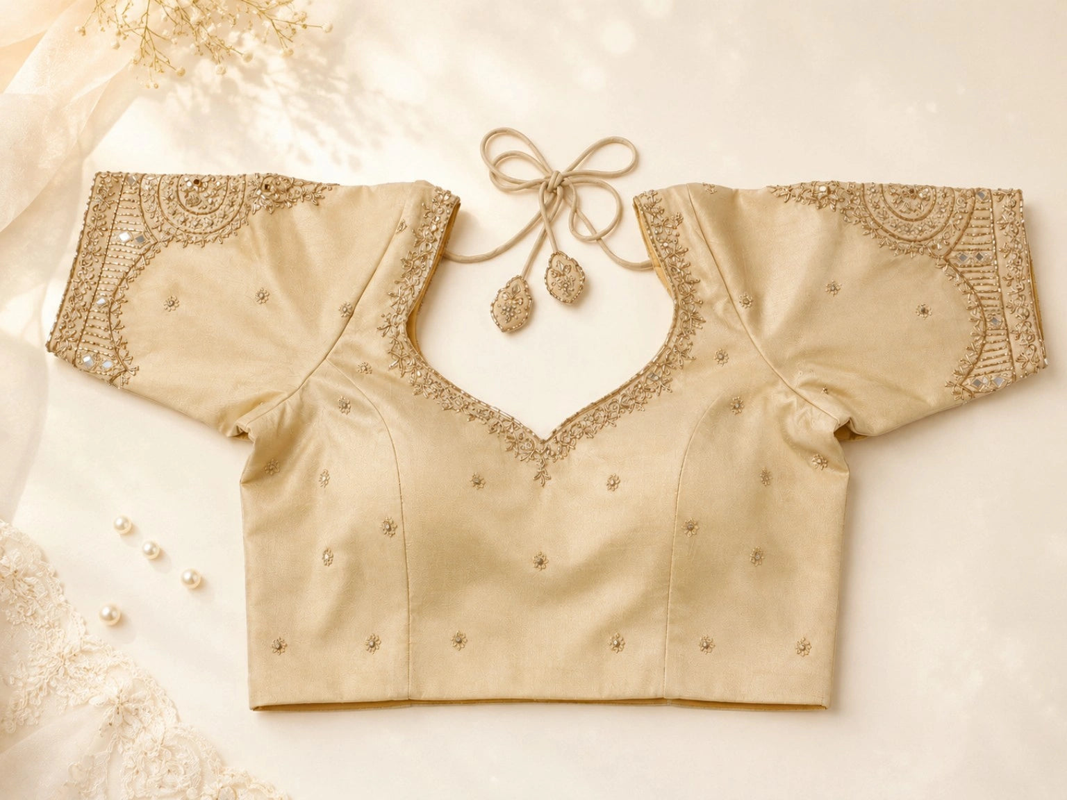 Beige Raw Silk Zardosi Butti Work Designer Blouse with Mirror Embellished Sleeves
