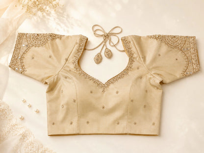 Beige Raw Silk Zardosi Butti Work Designer Blouse with Mirror Embellished Sleeves