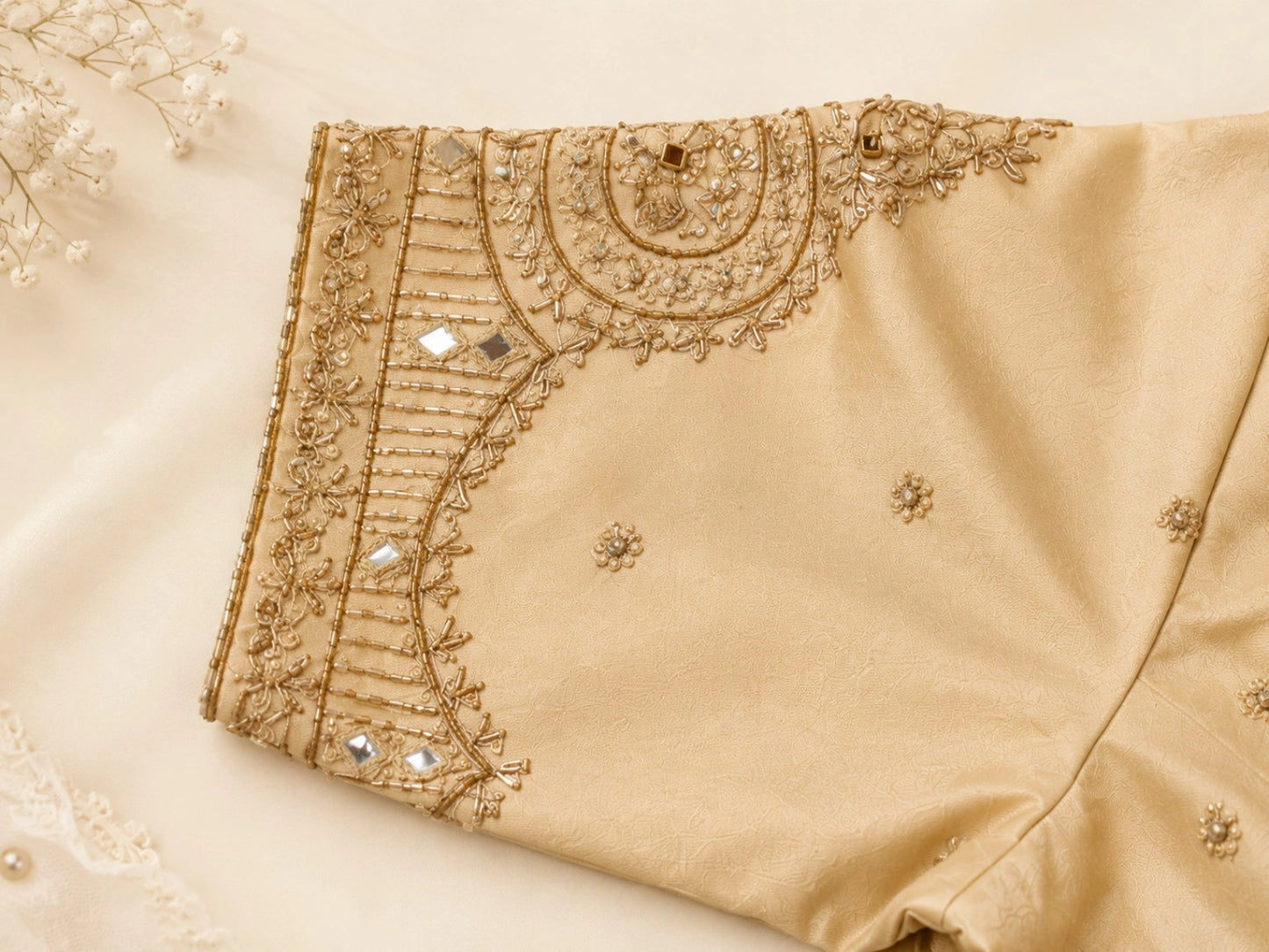 Beige Raw Silk Zardosi Butti Work Designer Blouse with Mirror Embellished Sleeves
