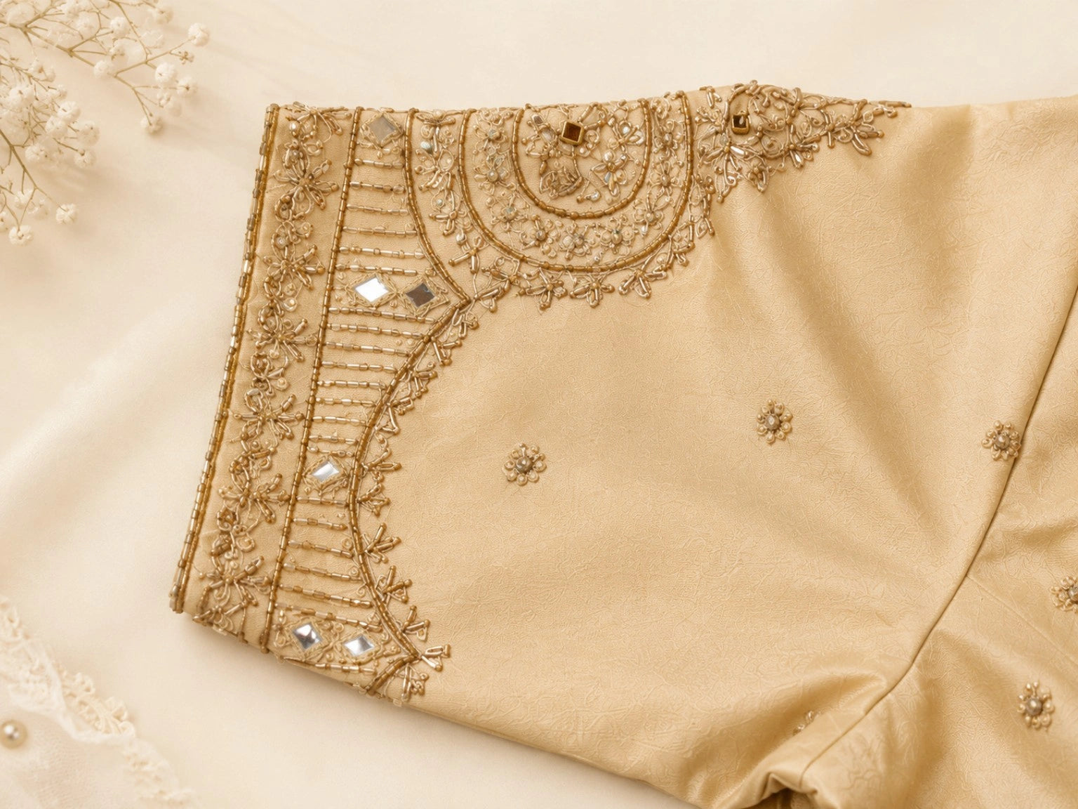 Beige Raw Silk Zardosi Butti Work Designer Blouse with Mirror Embellished Sleeves
