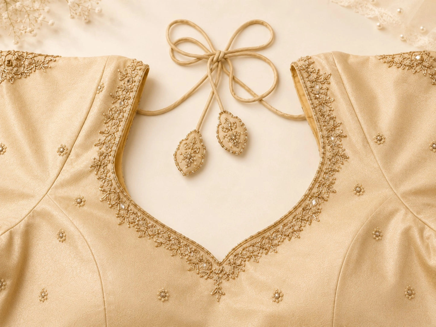 Beige Raw Silk Zardosi Butti Work Designer Blouse with Mirror Embellished Sleeves