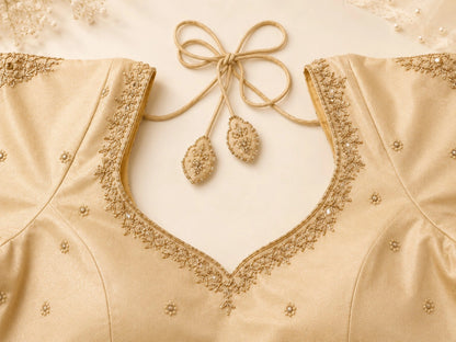 Beige Raw Silk Zardosi Butti Work Designer Blouse with Mirror Embellished Sleeves