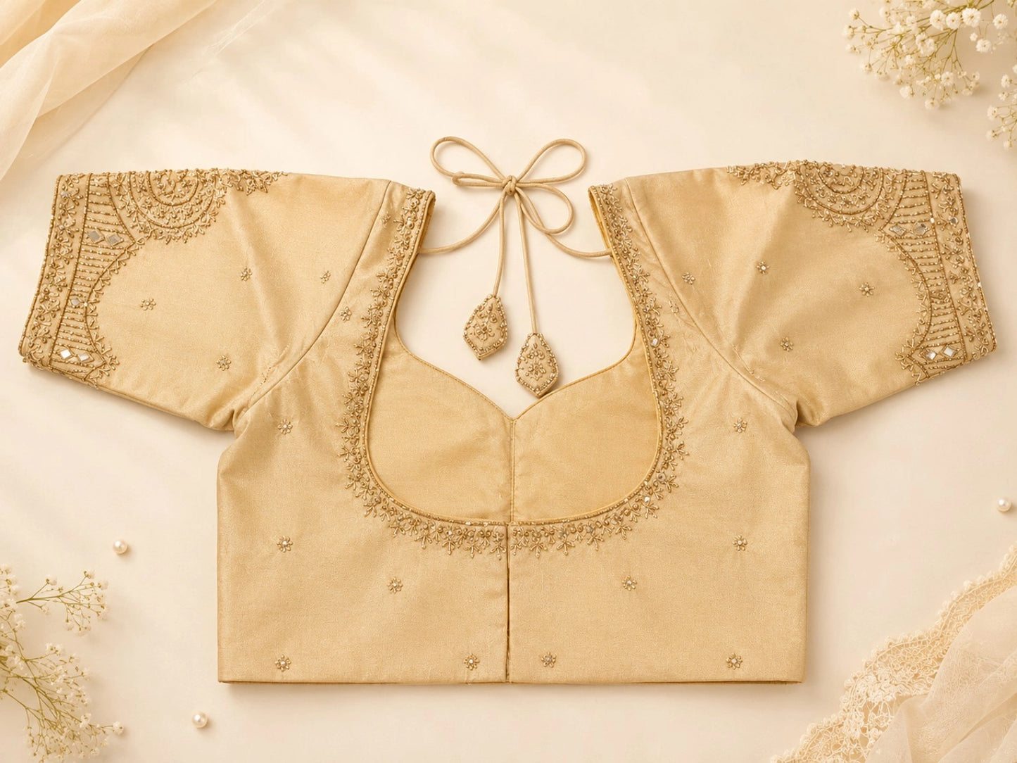 Beige Raw Silk Zardosi Butti Work Designer Blouse with Mirror Embellished Sleeves