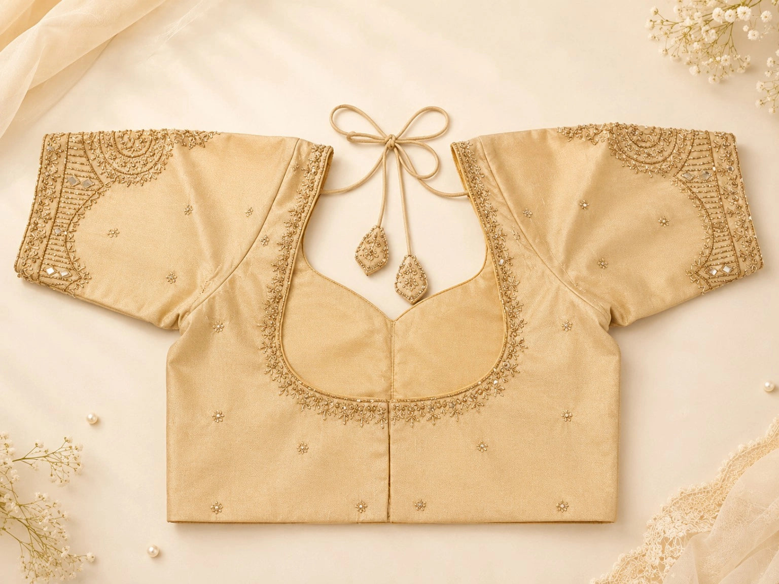 Beige Raw Silk Zardosi Butti Work Designer Blouse with Mirror Embellished Sleeves