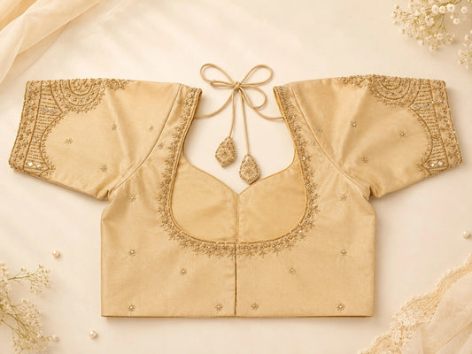 Beige Raw Silk Zardosi Butti Work Designer Blouse with Mirror Embellished Sleeves
