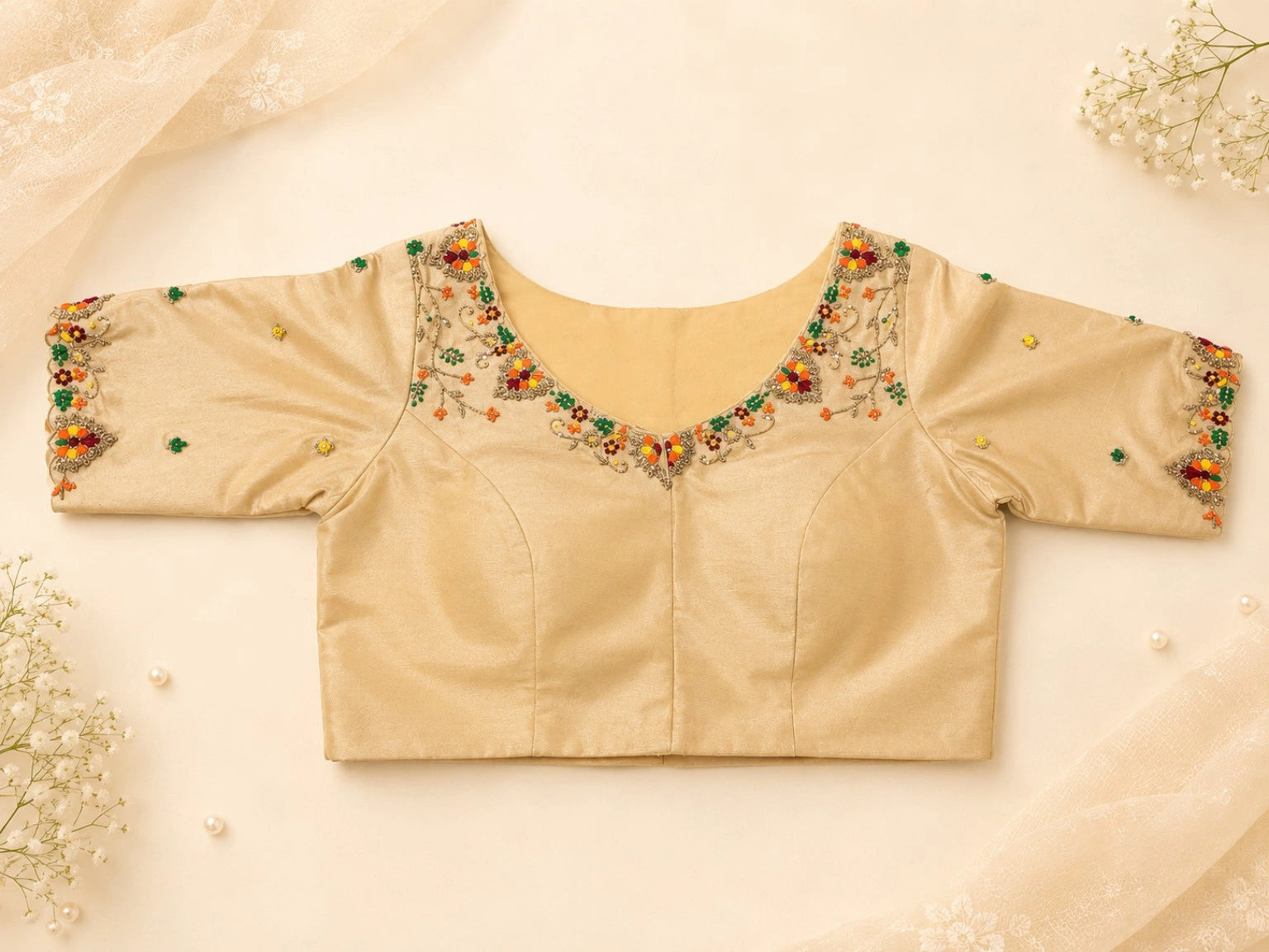 Beige Raw Silk Floral Hand Embroidered Designer Blouse with Multicolor Thread Work