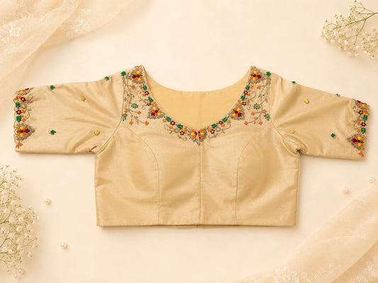 Beige Raw Silk Floral Hand Embroidered Designer Blouse with Multicolor Thread Work