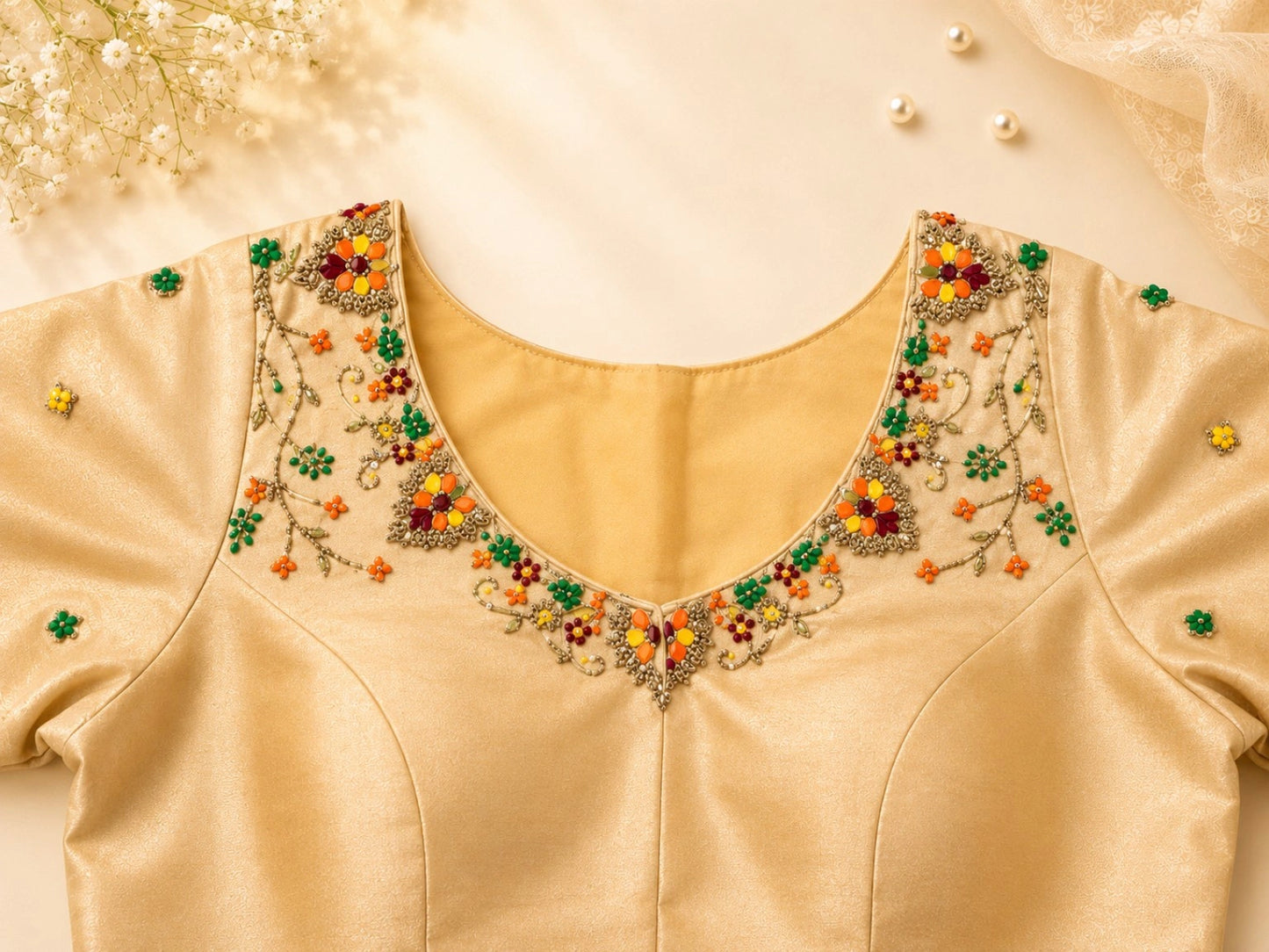 Beige Raw Silk Floral Hand Embroidered Designer Blouse with Multicolor Thread Work