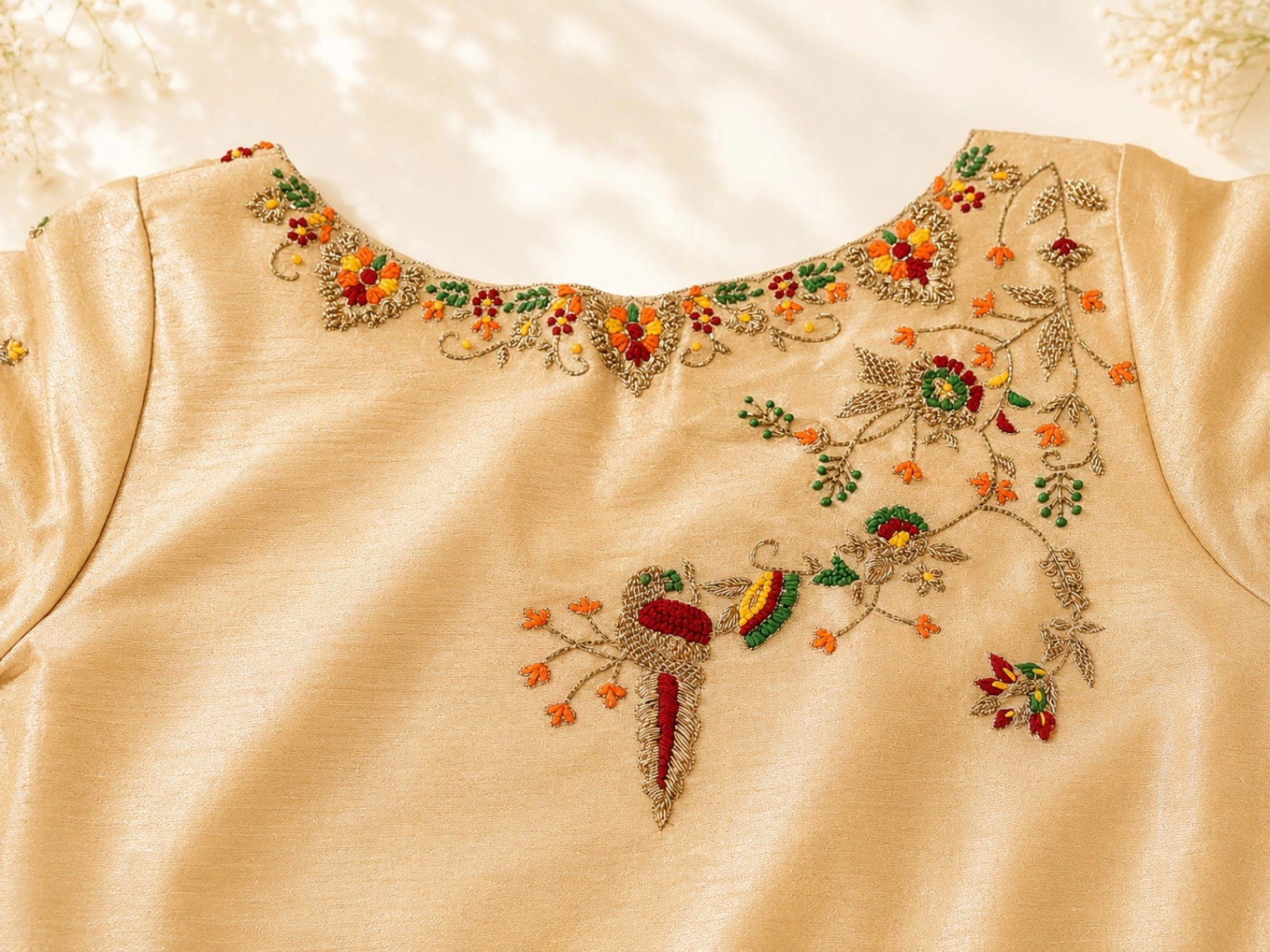 Beige Raw Silk Floral Hand Embroidered Designer Blouse with Multicolor Thread Work