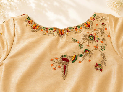 Beige Raw Silk Floral Hand Embroidered Designer Blouse with Multicolor Thread Work