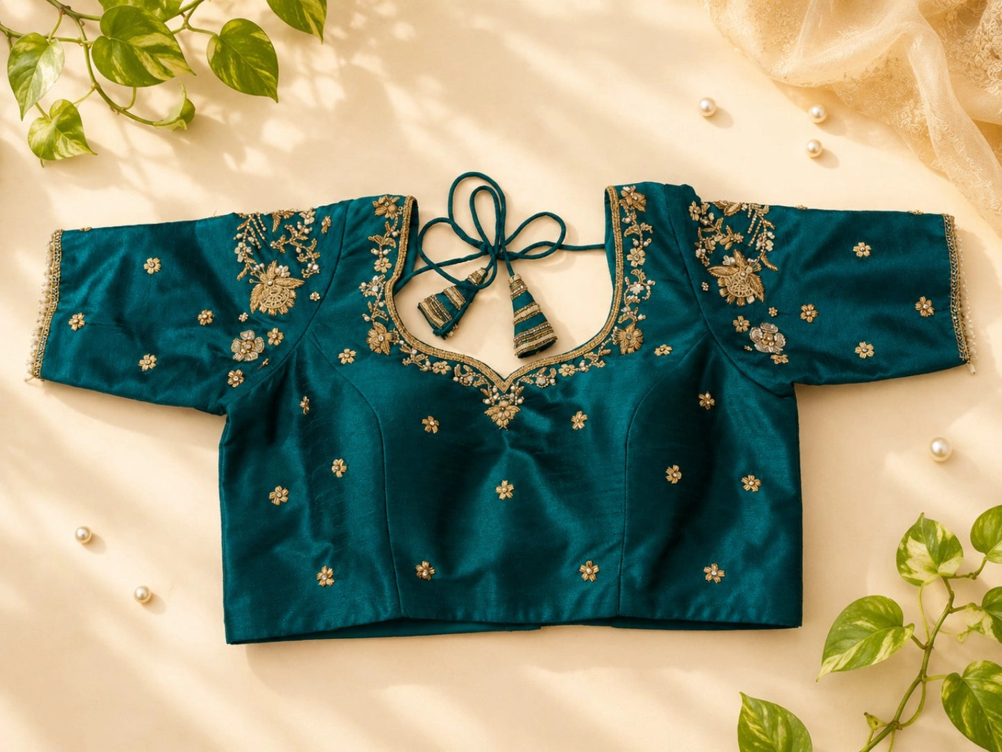 WEVOW Peacock Teal Raw Silk Ari Work Glass Embroidered Designer Blouse – Size 34F