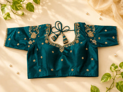 WEVOW Peacock Teal Raw Silk Ari Work Glass Embroidered Designer Blouse – Size 34F
