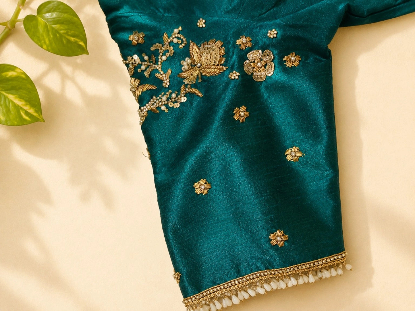 WEVOW Peacock Teal Raw Silk Ari Work Glass Embroidered Designer Blouse – Size 34F
