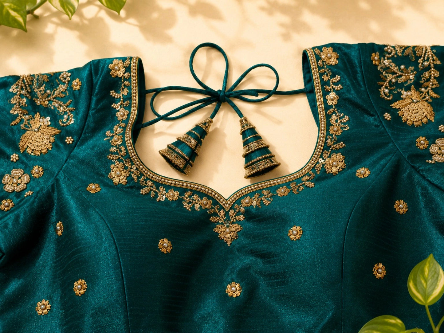 WEVOW Peacock Teal Raw Silk Ari Work Glass Embroidered Designer Blouse – Size 34F