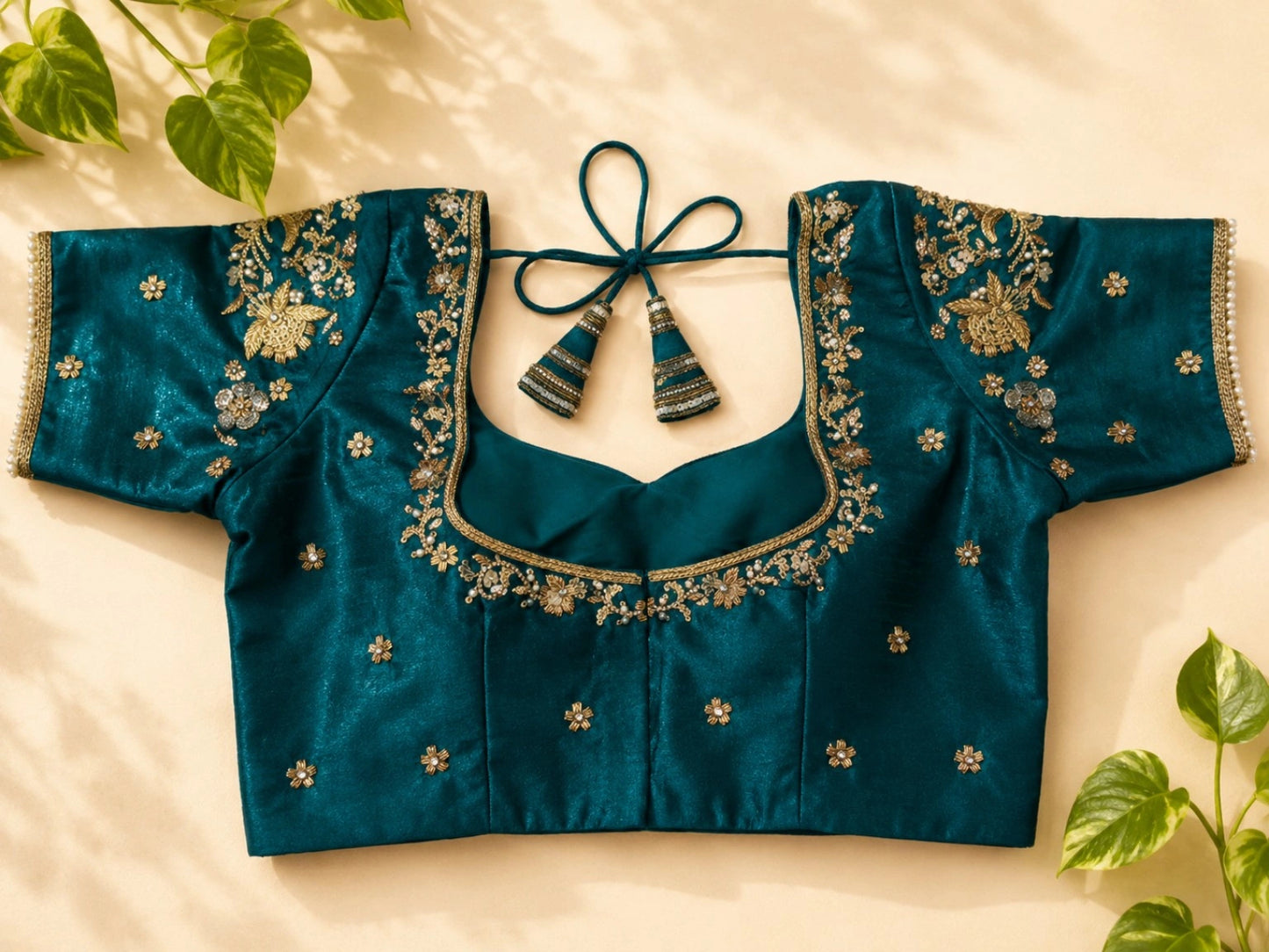 WEVOW Peacock Teal Raw Silk Ari Work Glass Embroidered Designer Blouse – Size 34F