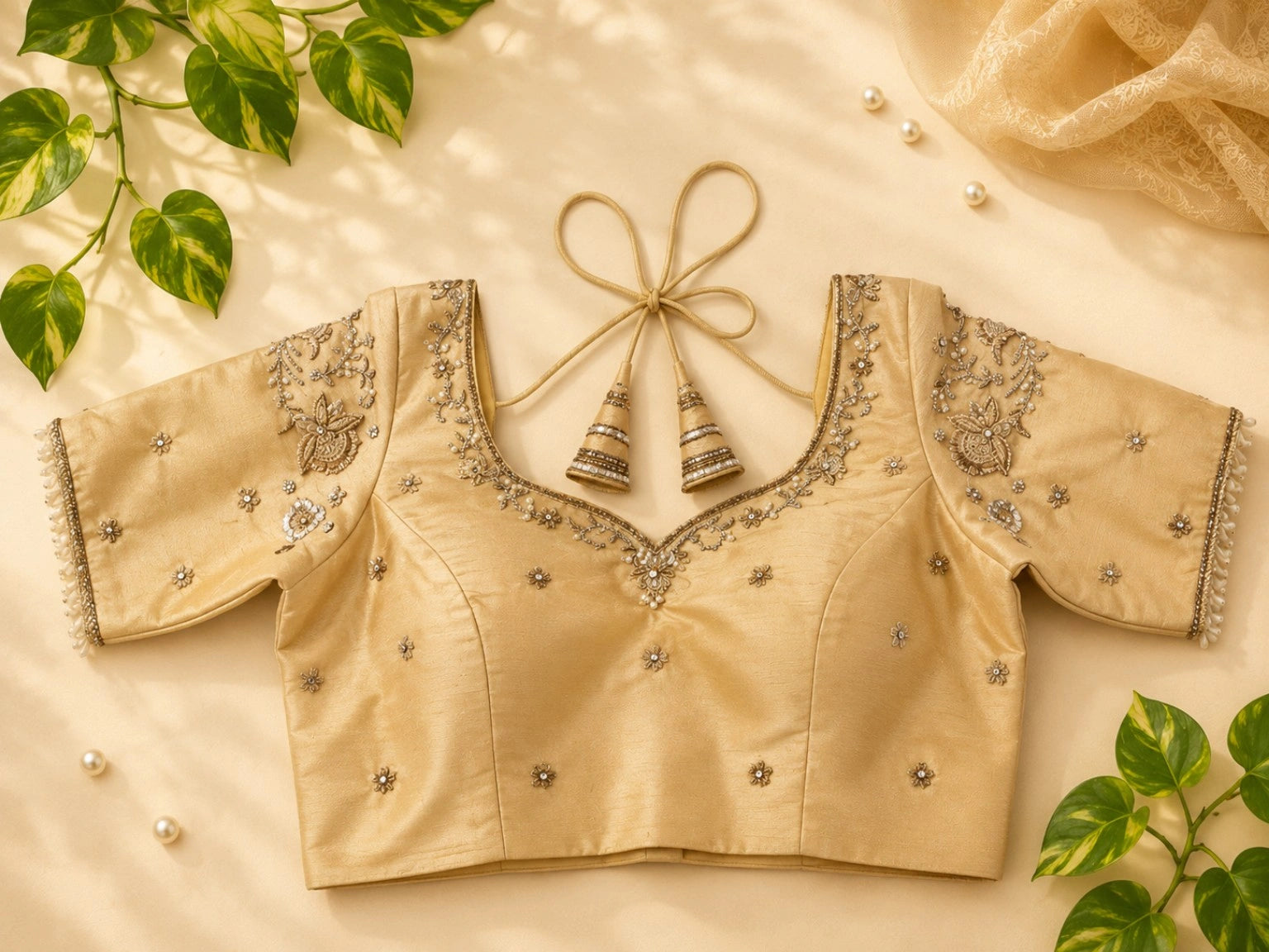 Golden Beige Raw Silk Aari Work Embroidered Blouse with Glass Bead Detailing & Deep Back Neck