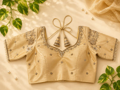 Golden Beige Raw Silk Aari Work Embroidered Blouse with Glass Bead Detailing & Deep Back Neck