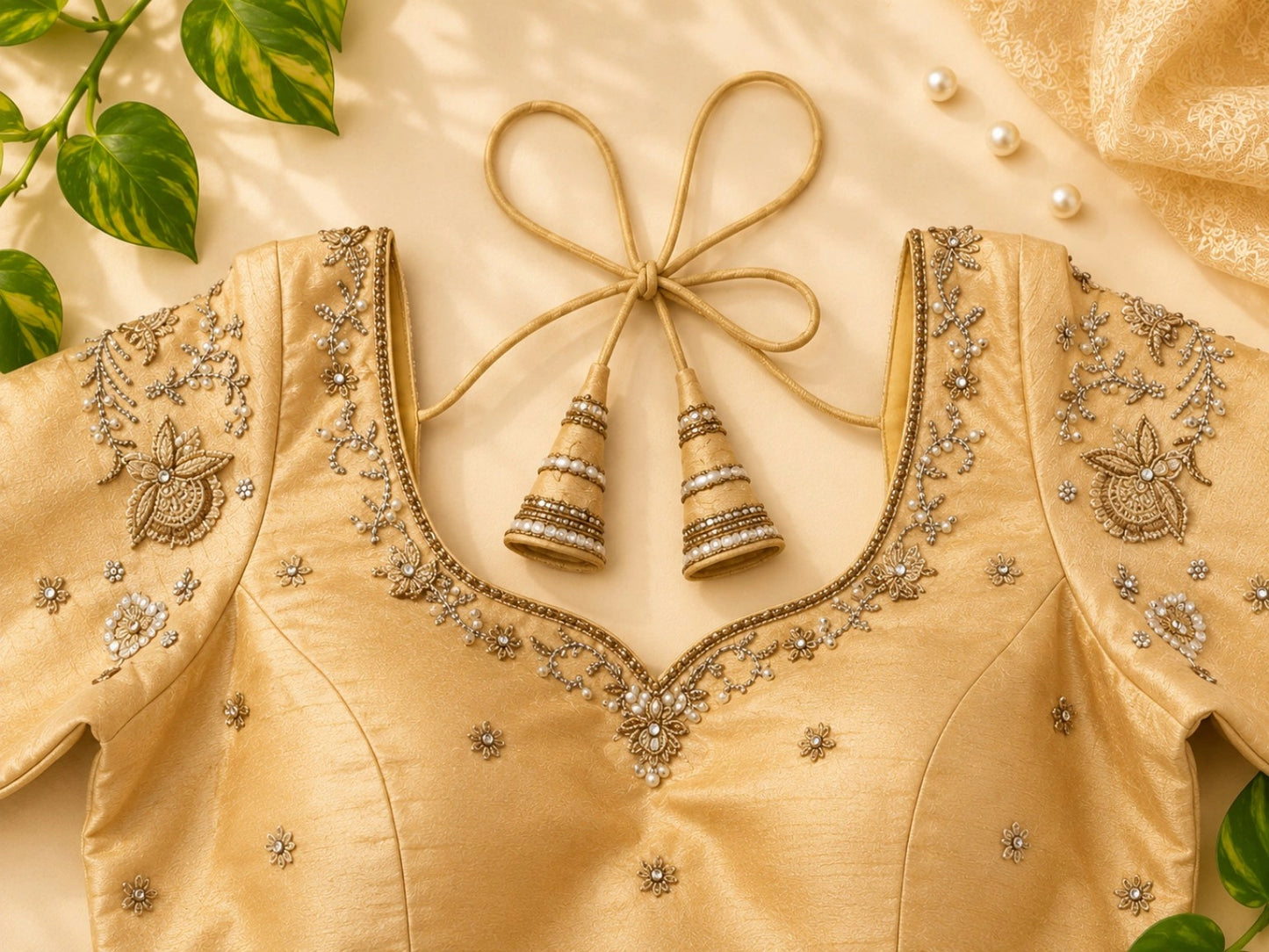 Golden Beige Raw Silk Aari Work Embroidered Blouse with Glass Bead Detailing & Deep Back Neck