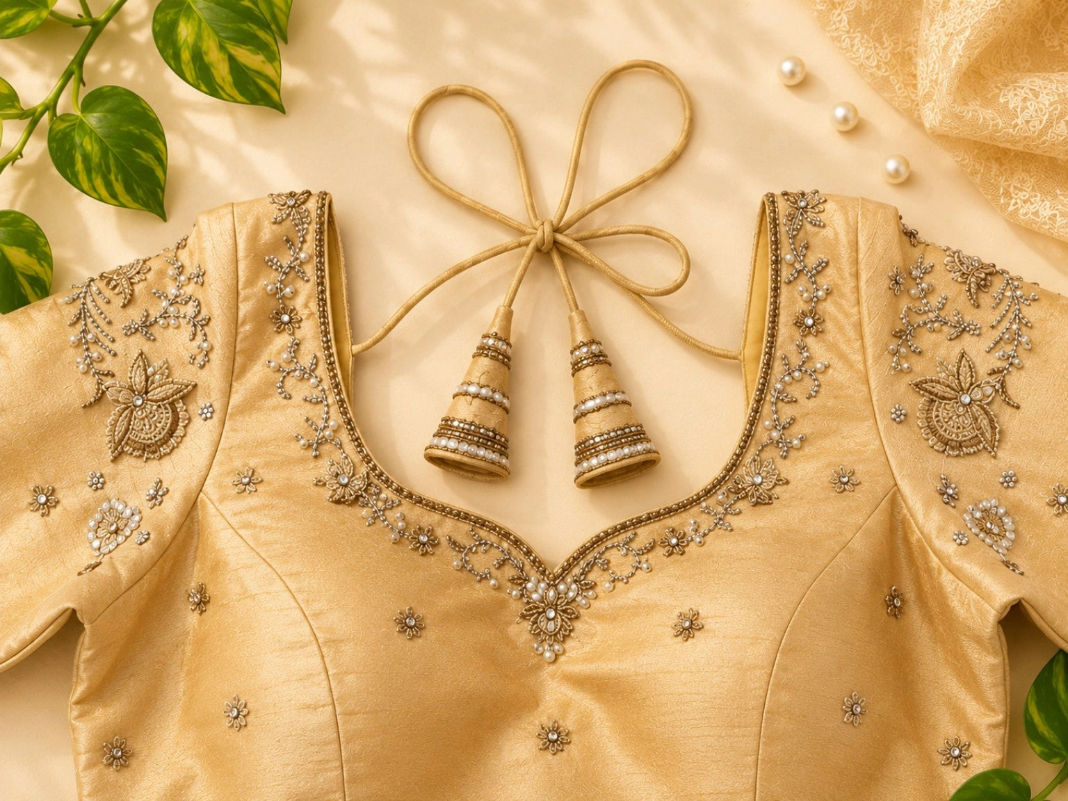 Golden Beige Raw Silk Aari Work Embroidered Blouse with Glass Bead Detailing & Deep Back Neck