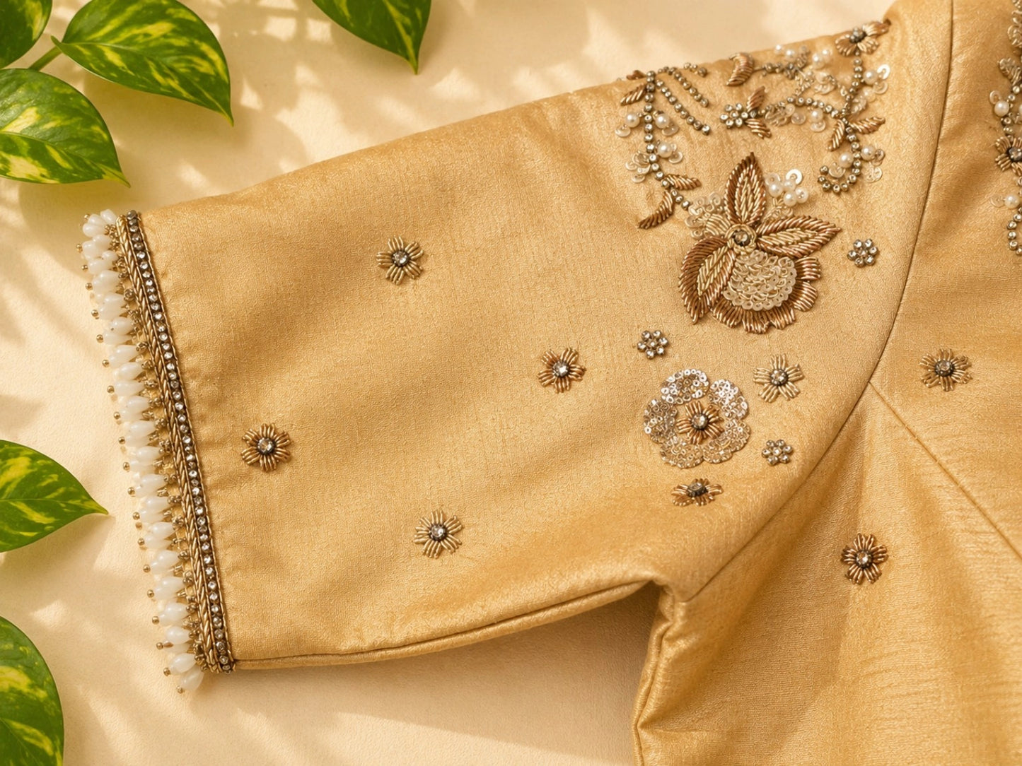 Golden Beige Raw Silk Aari Work Embroidered Blouse with Glass Bead Detailing & Deep Back Neck