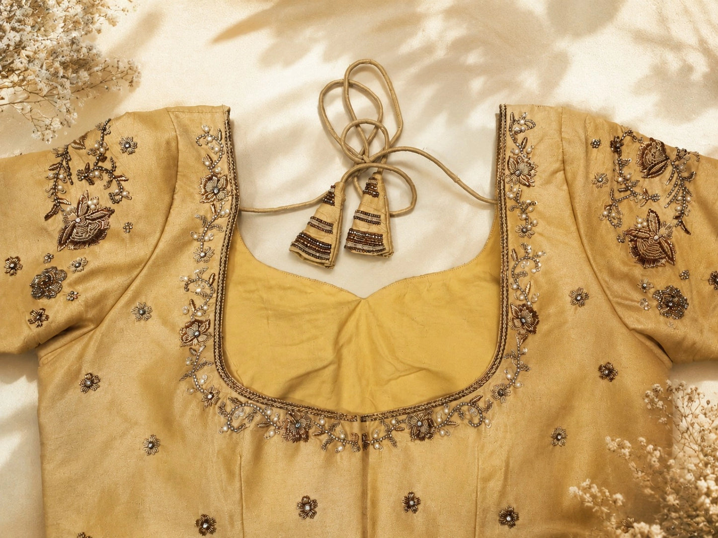 Golden Beige Raw Silk Aari Work Embroidered Blouse with Glass Bead Detailing & Deep Back Neck