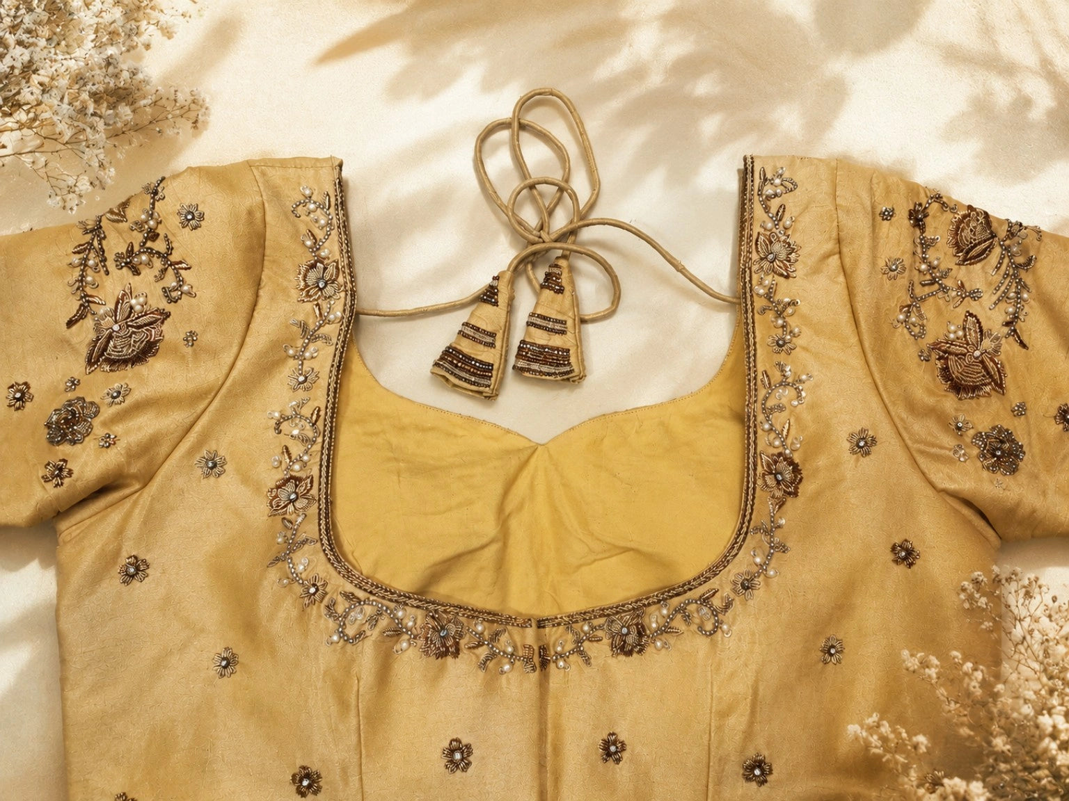 Golden Beige Raw Silk Aari Work Embroidered Blouse with Glass Bead Detailing & Deep Back Neck
