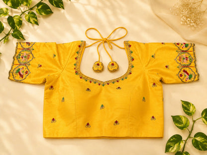 Mustard Yellow Raw Silk Pan Gola Aari Work Blouse with Floral Bird Motif Embroidery