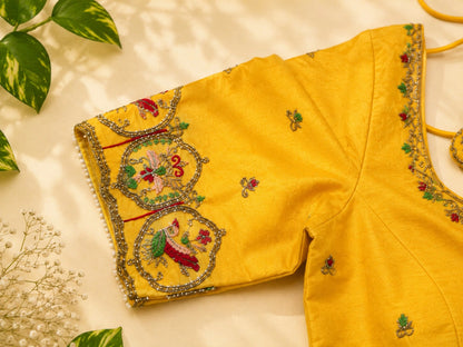 Mustard Yellow Raw Silk Pan Gola Aari Work Blouse with Floral Bird Motif Embroidery