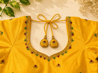 Mustard Yellow Raw Silk Pan Gola Aari Work Blouse with Floral Bird Motif Embroidery