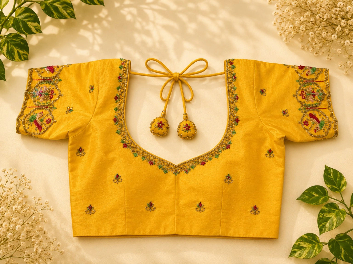 Mustard Yellow Raw Silk Pan Gola Aari Work Blouse with Floral Bird Motif Embroidery