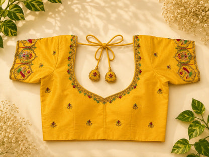 Mustard Yellow Raw Silk Pan Gola Aari Work Blouse with Floral Bird Motif Embroidery