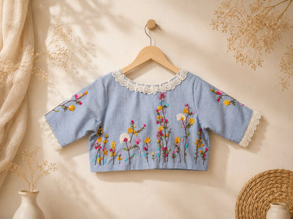 Sky Blue Pure Cotton Air Neck Floral Thread Work Blouse with Lace Trim