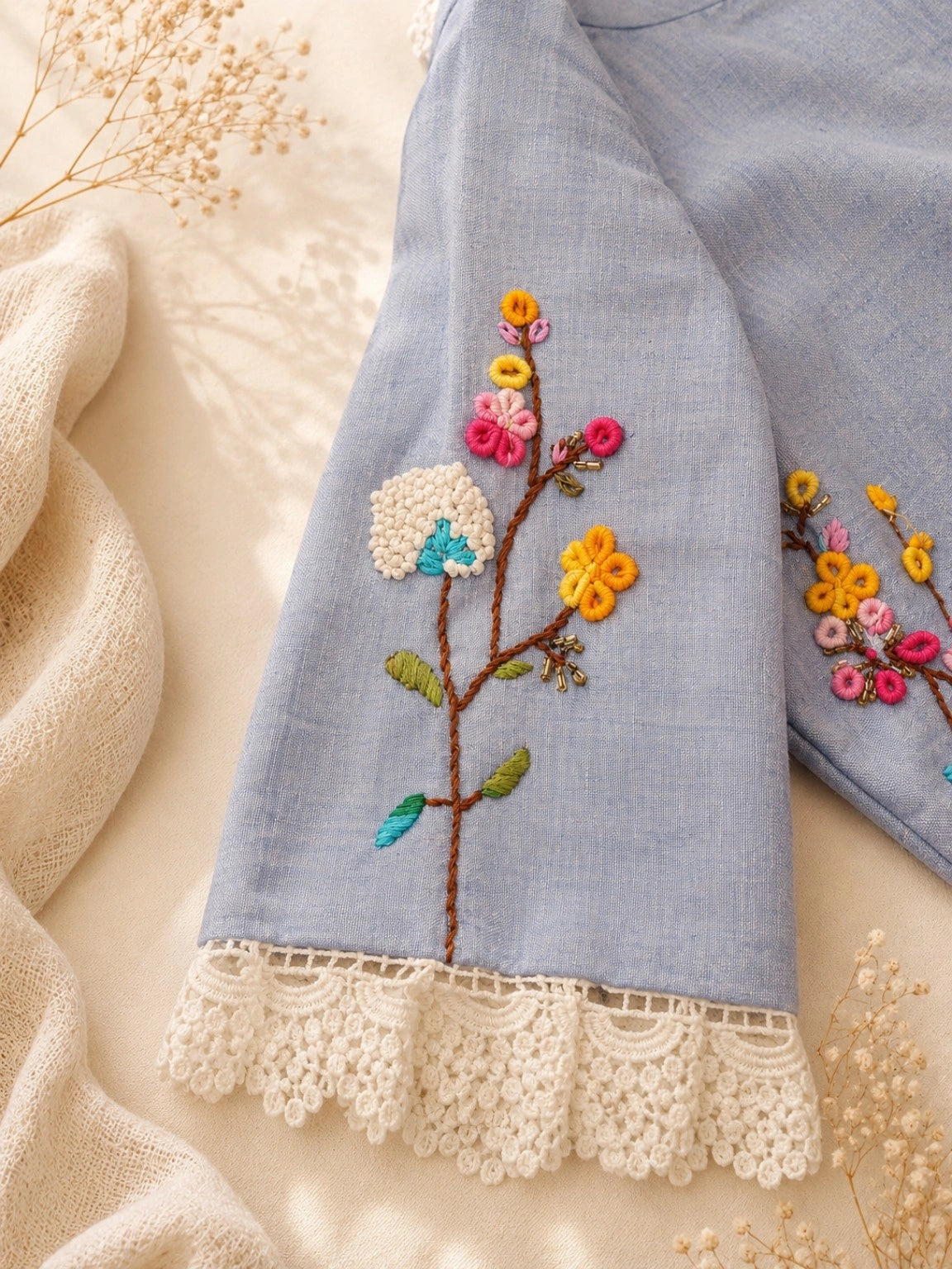 Sky Blue Pure Cotton Air Neck Floral Thread Work Blouse with Lace Trim