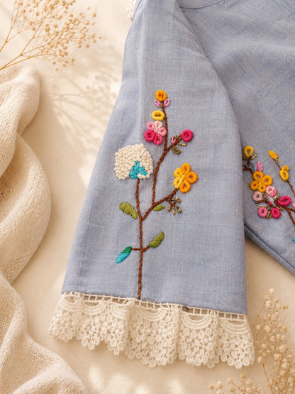 Sky Blue Pure Cotton Air Neck Floral Thread Work Blouse with Lace Trim
