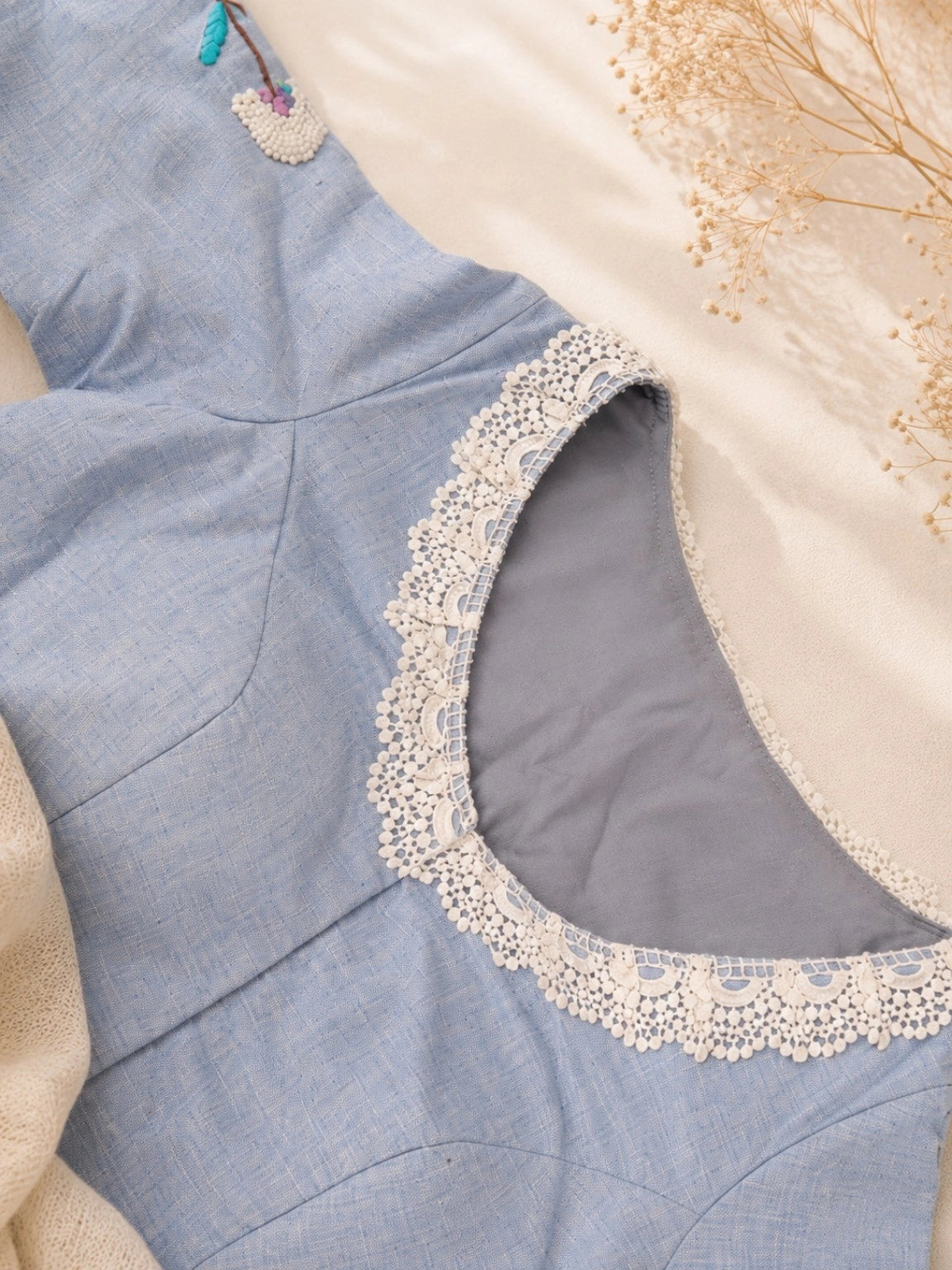 Sky Blue Pure Cotton Air Neck Floral Thread Work Blouse with Lace Trim