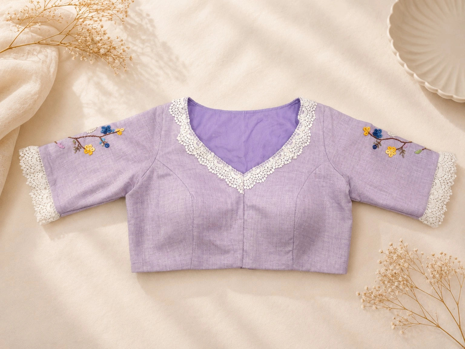 Lavender Pure Cotton Air Neck Floral Thread Work Blouse with Lace Border