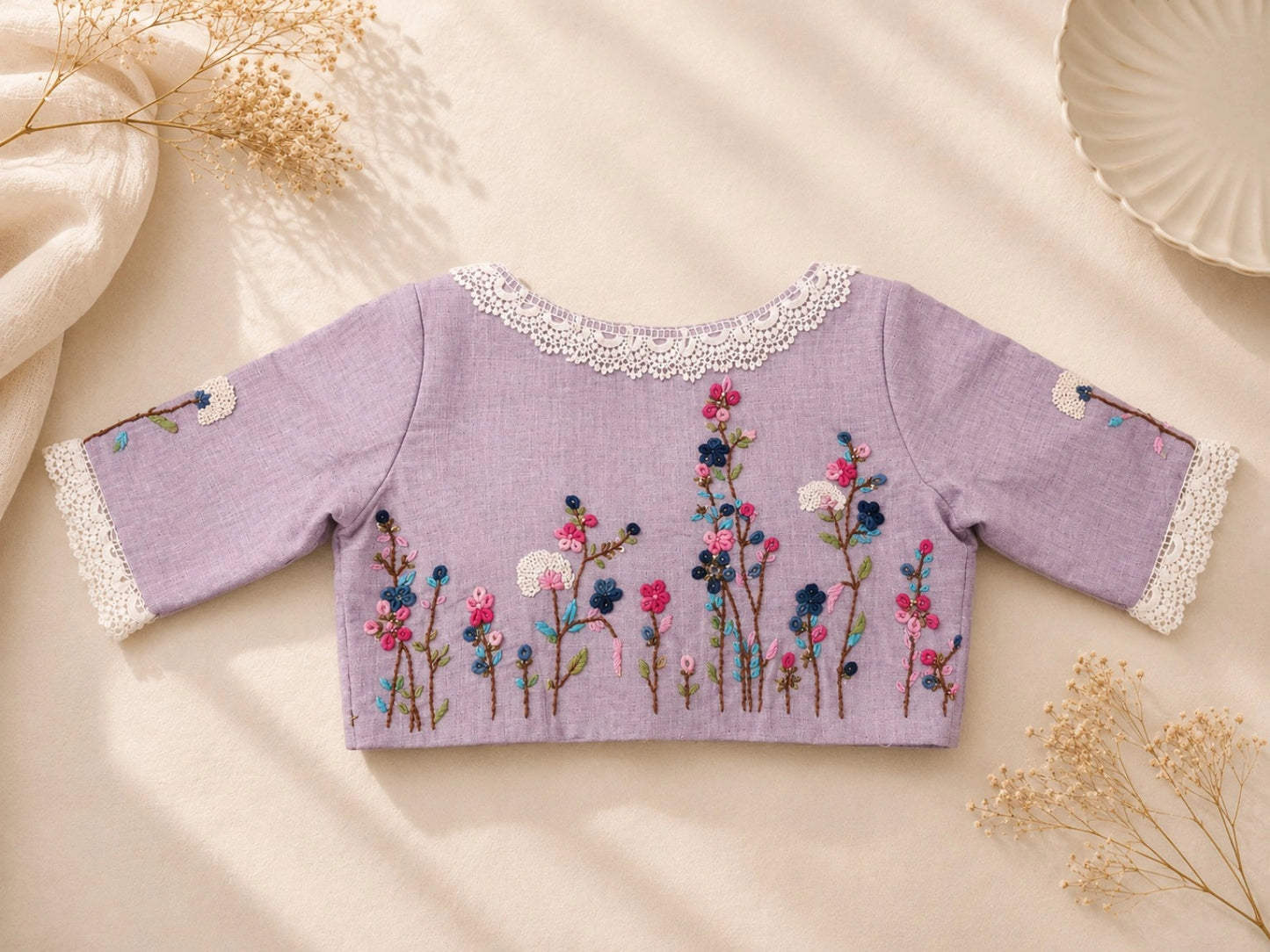 Lavender Pure Cotton Air Neck Floral Thread Work Blouse with Lace Border