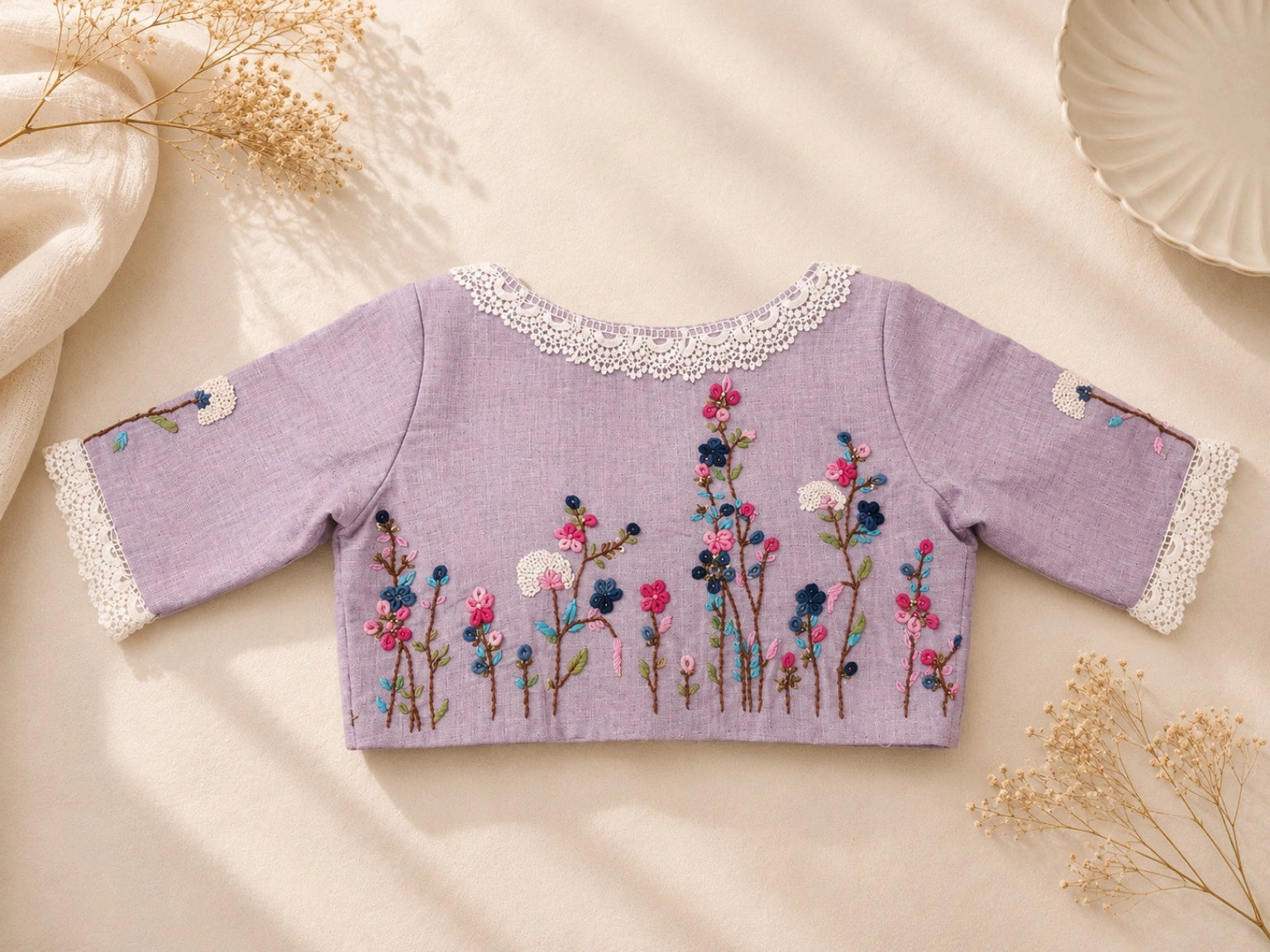 Lavender Pure Cotton Air Neck Floral Thread Work Blouse with Lace Border