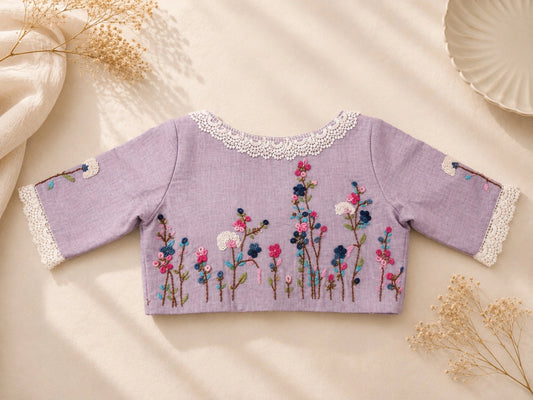 Lavender Pure Cotton Air Neck Floral Thread Work Blouse with Lace Border