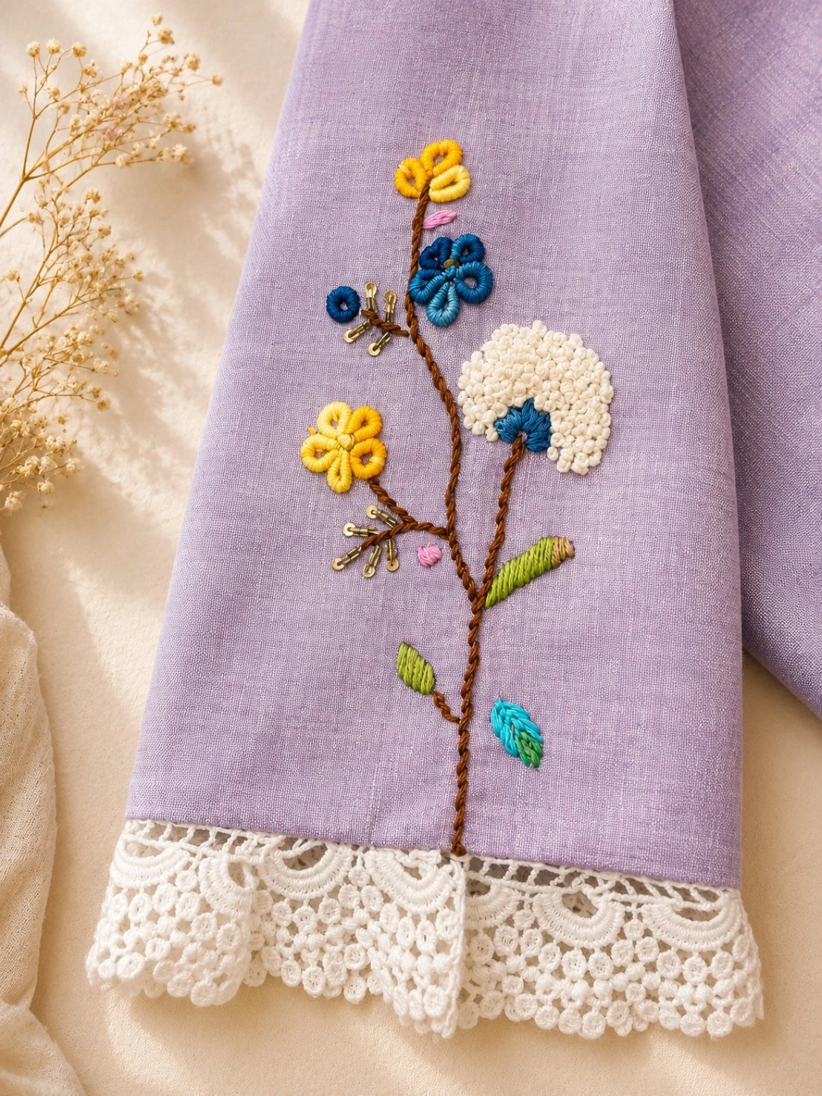 Lavender Pure Cotton Air Neck Floral Thread Work Blouse with Lace Border