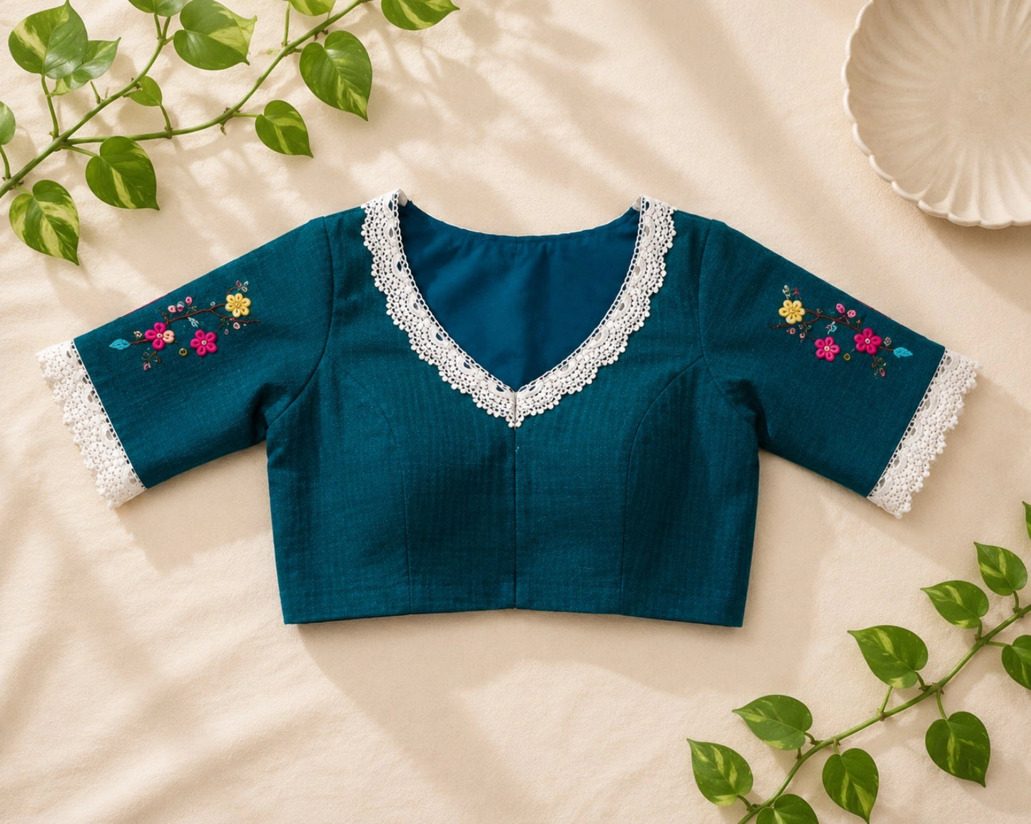 Teal Green Pure Cotton Floral Thread Work Blouse with White Lace V-Neck
