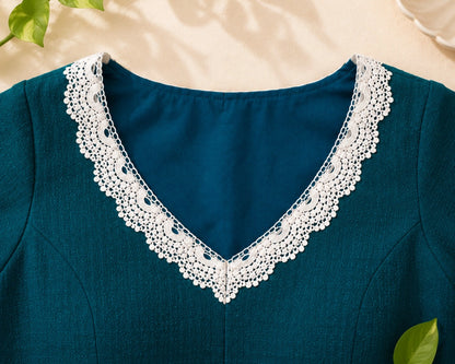 Teal Green Pure Cotton Floral Thread Work Blouse with White Lace V-Neck