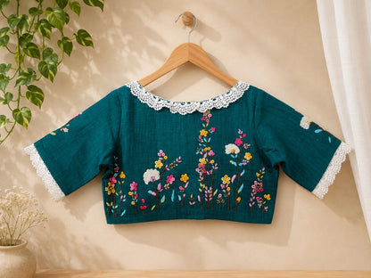 Teal Green Pure Cotton Floral Thread Work Blouse with White Lace V-Neck